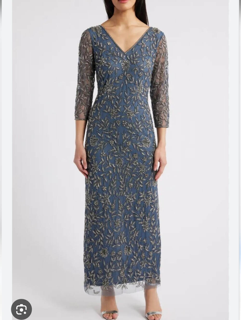 $268 Pisarro Nights Floral Beaded Sheath Gown Grey Blue Sz 12 Some Beads Missing